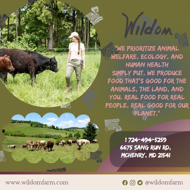 Business Spotlight
Wildom
"We prioritize animal welfare, ecology, and human health
Simply put, we produce food that's good for the animals, the land, and you. Real Food for Real People, Real Good for Our Planet."