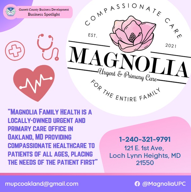 Today's Business Spotlight 🩹 is on Magnolia Urgent and Primary Care!
Visit them at www.magnoliafamilyhealth.com or Magnolia Family Health.
Follow us to see more daily Garrett County Business Spotlights! 
If you are interested in having your business featured contact Connor Norman at cnorman@garrettcountymd.gov. #garrettcountymd #businessdevelopment