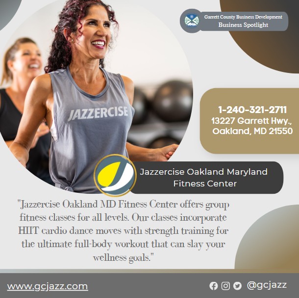 Today's Business Spotlight 🏋️‍♀️ is on Jazzercize Oakland Maryland Fitness Center!
Visit them at www.gcjazz.com or Jazzercise Oakland MD 
Follow us to see more daily Garrett County Business Spotlights! 
If you are interested in having your business featured contact Connor Norman at cnorman@garrettcounty.org. #BusinessDevelopment #garrettcountymd