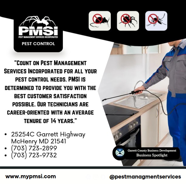 Todays Business Spotlight 🕷 is on PMSi (Pest Managment Services Incorperated)! 
Visit them at www.mypmsi.com or Pest Management Services
Follow us to see more daily Garrett County Business Spotlights!
If you are interested in having your business featured contact Connor Norman at cnorman@garrettcountymd.gov. #businessdevelopment #garrettcountymd