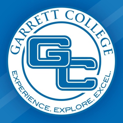 Garrett College, Experience, Explore, Excel: logo on a blue background with letters in blue text on white