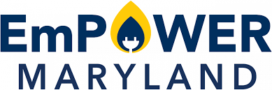 EmPOWER MARYLAND logo; Dark blue print with an electric plug and flame for the O in EmPOWER. This is Potomac Edison's energy solution's program for small business.