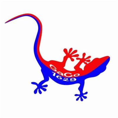 Logo: GaCo 1629; image of a salamander that is half red and half blue