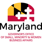 Logo - Maryland Governor's Office of Small, Minority & Women Business Affairs; black and red text on a white background; Maryland flag (colors - gold, black and red)