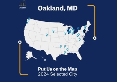 City Health Dashboard - Oakland, MD; Put Us on the Map; 2024 Selected City. Colors: dark blue background with white lettering and white map.