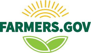 Logo: USDA Farmers.Gov - yellow sun above the words "FARMERS.GOV" in green lettering with light green leaves beneath the words