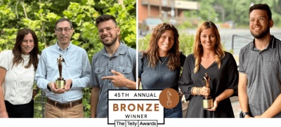 45th Annual Bronze Winner - The Telly Awards; photo of left includes 3 members of the InnerAction Media team holding the Telly Award; photo on right includes 2 InnerAction Media members and Ashli Workman, Director of Tourism for Allegany County, MD