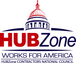 HUBZone Works for America - HUBZone Contractors National Council logo; red and blue text with a rendering of the capital building on a white background