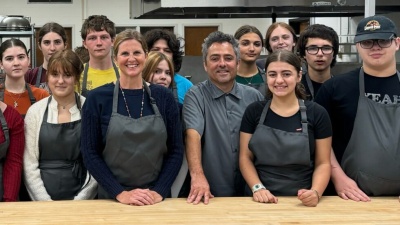 Shelley Argabrite, MA, Director of the Population Health, Innovation, and Informatics Unit at the Garrett County Health Department, Chef Scardina of Garrett County Public Schools, and Southern Garrett High School students.