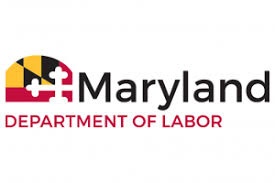 Maryland Department of Labor logo; black and red text on a white background; rendition of MD state flag in the left corner