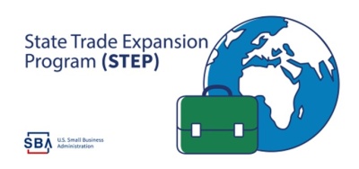 State Trade Expansion Program (STEP); U.S. Small Business Administration (SBA); rendering of the world and a green briefcase on the right 