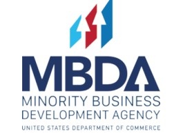 MBDA - Minority Business Development Agency, United States Department of Commerce: logo in red and light, medium and dark blue on a white background