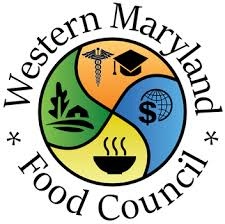 Western Maryland Food Council logo - circular design with 4 quadrants: (1) orange - health and education; (2) blue - economy); (3) yellow - food and nutrition; (4) green - agriculture