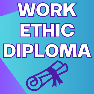 The words "Work Ethic Diploma" in white text against a background of purple and blue, with a graphic of a diploma 