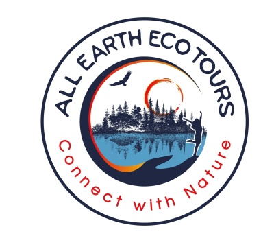 All Earth Eco Tours - Connect with Nature: Logo showing a lake, trees, bird in sky and woman exploring nature