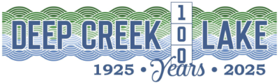 Deep Creek Lake 100 Years - 1925-2025 (blue text on a background of white, blue and green)