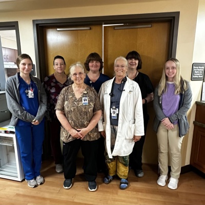 Front row, from left to right:  Liz Louie RN III, Margaret Kaiser MD.  Back row:  Olivia Savopoulos RN, Rene Getz GNA, Sherry Lewis RN IV, Lori Davis RN LNHA, Nursing Manager of Subacute; Briana Graham, Social Worker-BSW.