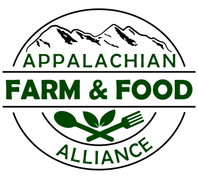 Appalachian Farm & Food Alliance logo; green text on a white background with a rendering of a mountain range, fork and spoon