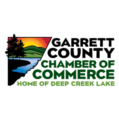 Garrett County Chamber of Commerce, Home of Deep Creek Lake; a drawing of the boundaries of Garrett County is located on the left side of the logo; the boundary contains a drawing of trees, a sunrise, mountains and a lake in colors of orange, yellow, red, blue and green