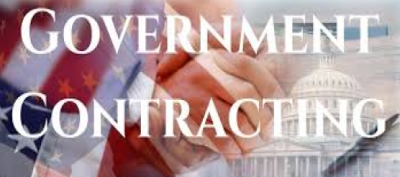 The words "Government Contracting" in while text on a background of the U.S. Capitol building, the U.S. flag, and clasping hands