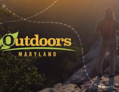 MPT's Outdoors Maryland: dark yellow letters on a background of the outdoors