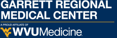 Garrett Regional Medical Center, a proud affiliate of WVU Medicine (white text on a dark blue background)