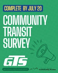 GTS - Garrett Transit Service Community Transit Survey. Complete by July 20. White letters on a green background.