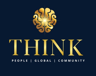 THINK. People. Global. Community. Gold lettering with a rendering of a gold brain on a black background.