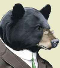 Black bear wearing glasses and dressed in a business suit