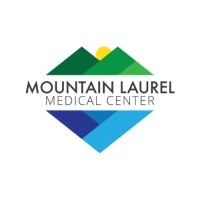 Mountain Laurel Medical Center. Black text surrounded by green mountains blue water and a yellow sun