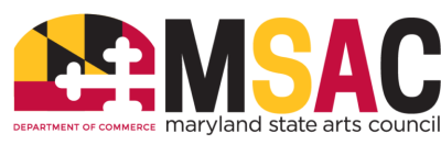 MSAC Maryland State Arts Council. Department of Commerce. Black, gold and red on a white background.