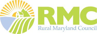 RMC - Rural Maryland Council. Rendition of a farm. Colors are green, blue, and gold.