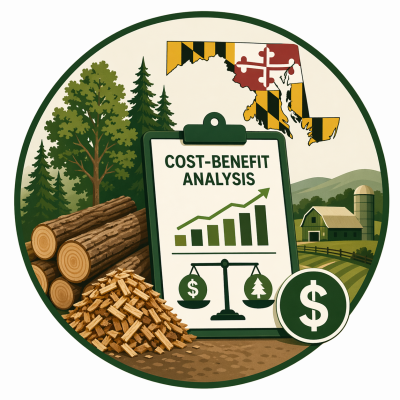 2026 Woody Biomass Cost-Benefit Analysis for Rural Counties in Maryland. Cost-Benefit Analysis on a clipboard with a farm, trees, and wood in the background
