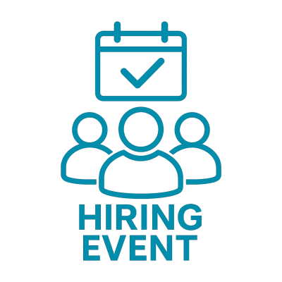 The words "Hiring Event" at the bottom of the image. Top of image shows a checklist with the forms of 3 people in the middle.