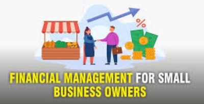Illustration promoting financial management for small business owners, featuring two people shaking hands beside a market stand, stacks of coins, dollar bills, and an upward-trending graph. Bold text reads “Financial Management for Small Business Owners.”