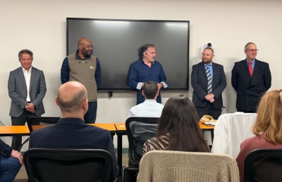 Photo (l-r): 2nd Place Winner Minh Dung Hoang – Aquatic Circle, LLC, 3rd Place Winner Mandela Echefu – Wheelzup Adventures, LLC , 1st Place Winners Cory Heyman & Justin Tippen – GAP Trail Foods, LLC.