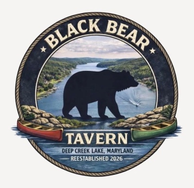 Logo: Black Bear Tavern, Deep Creek Lake, Maryland, Reestablished 2026, Circular logo with a black bear in the center, a lake in the background