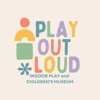 Play Out Loud logo - indoor play and children's museum; multiple colors of green, blue, yellow, orange, and red on a cream colored background