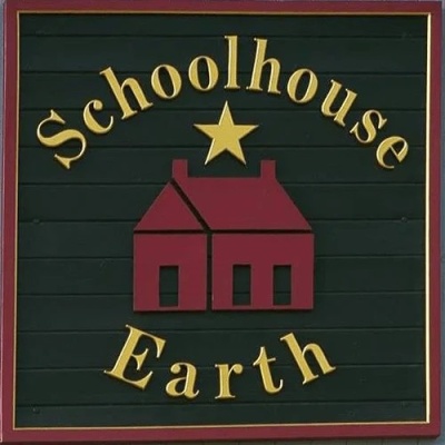 Logo: Schoolhouse Earth. Red house in the middle of the words Schoolhouse and Earth (words in gold) on a dark background