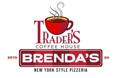 Combined logo: Trader's Coffee House and Brenda's Pizzeria. 