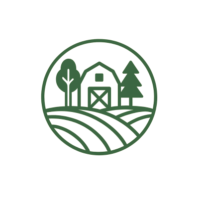 rendering of a farm with a barn, trees, and fields.