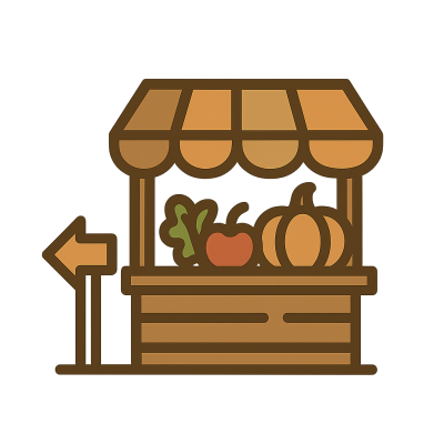 Rendering of a roadside produce stand. A brown food stand with awning, an arrow sign, and produce.