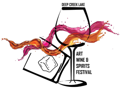 Logo: Deep Creek Lake Art, Wine & Spirits Festival. Wine glass with napkin and ice cube with a red ribbon in the foreground.