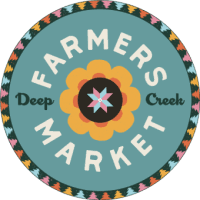 Circular Deep Creek Farmers Market logo featuring the words “Farmers Market” around a colorful flower graphic, with “Deep Creek” across the center and a decorative patterned border.