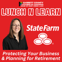 Lunch N Learn promotional graphic featuring a woman and State Farm logo, with the text “Protecting Your Business & Planning for Retirement.”
