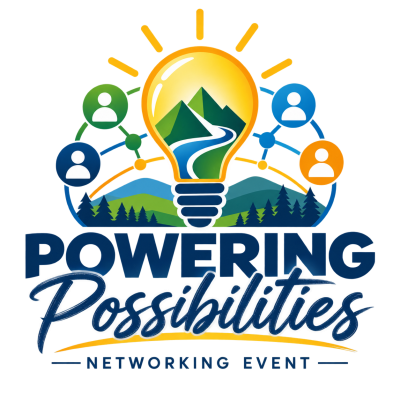 Powering Possibilities Networking Event logo featuring a glowing light bulb with mountain peaks and a winding path inside, surrounded by colorful connected people icons and mountain scenery.