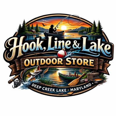 Illustrated logo for Hook, Line & Lake Outdoor Store at Deep Creek Lake, Maryland. A fisherman casts from a boat on a mountain lake at sunset, surrounded by pine trees. Fishing gear, a jumping fish, canoe, paddle, dock, and tackle frame the rustic outdoor-themed design.