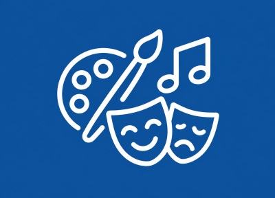 White line icon representing arts and culture, featuring a painter’s palette and brush, theater masks, and musical notes on a blue background.