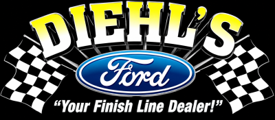 Diehl’s Ford logo featuring bold yellow and white “Diehl’s” lettering, a blue Ford oval, checkered racing flags, and the slogan “Your Finish Line Dealer!”
