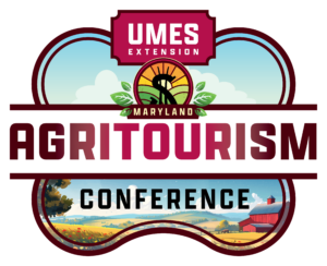 Logo for the Maryland Agritourism Conference, featuring the University of Maryland Extension logo and a colorful farm landscape illustration.